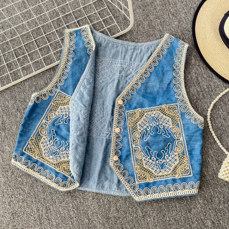 ANJY New Women Waistcoat Woven Embroidered V-Neck Single Breasted Contrast Color Elegant High Street Ins Short Denim Tops A10165
