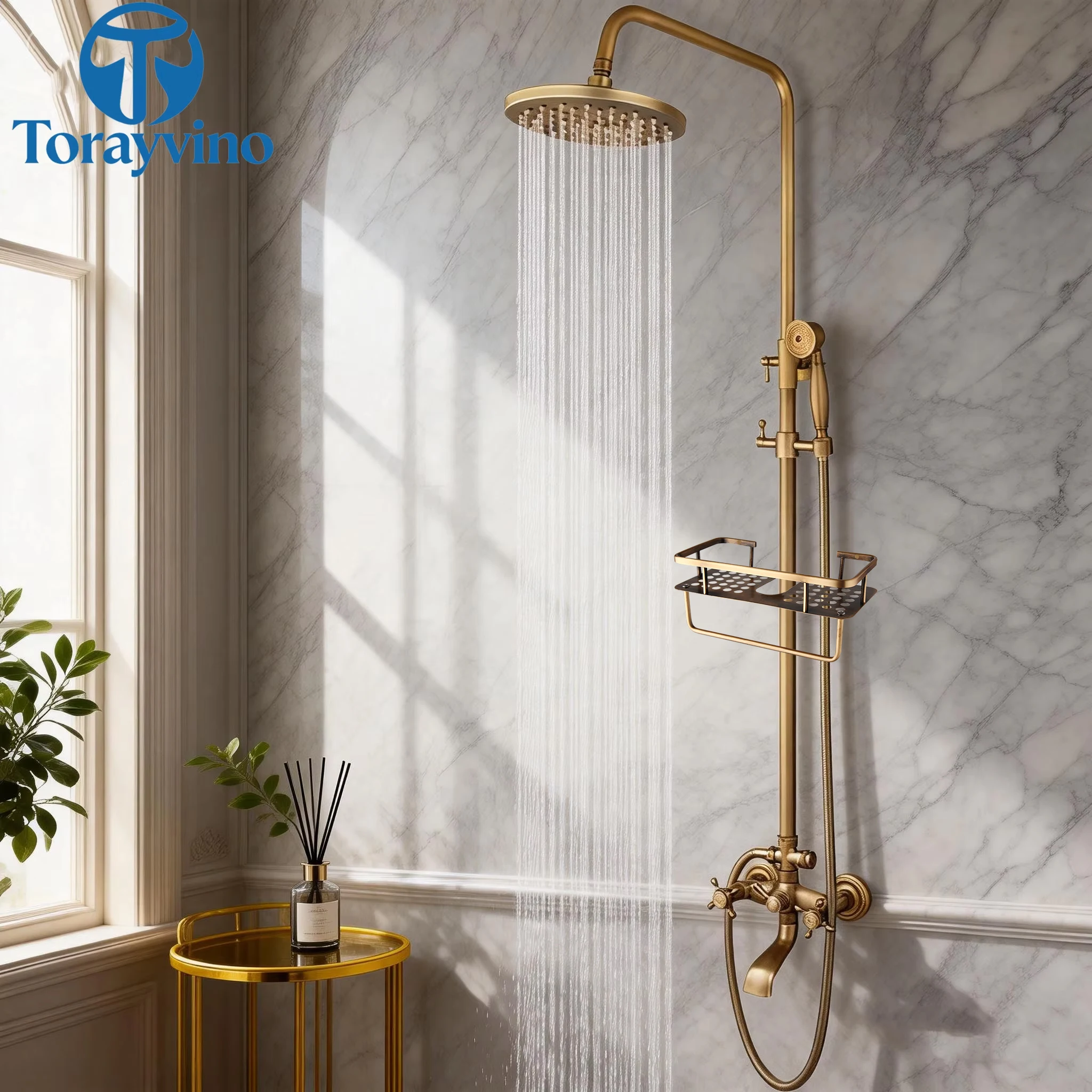 Torayvino Luxury Outdoor Bathroom Rainfall Shower Faucet set Antique Brass Waterfall Shower System Wall Mounted Column Mixer Tap