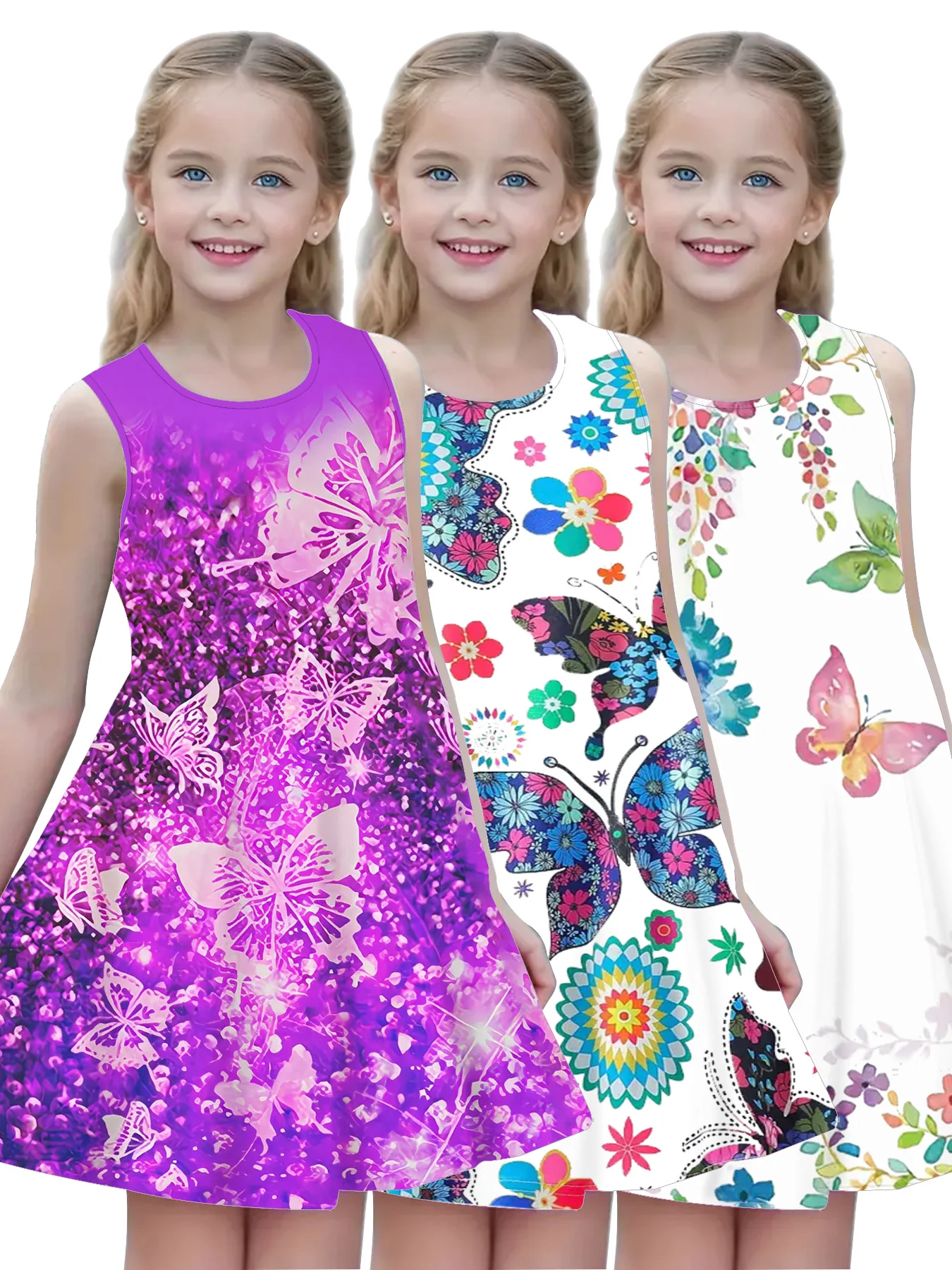 Girls' Dress with Floral Butterfly Pattern, Summer Sleeveless Medium-Stretch Soft Printed Princess Casual Dress
