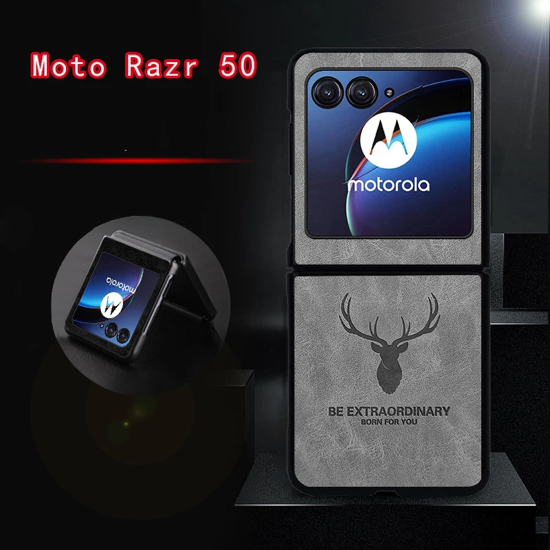 Razr50 Case For Motorola Razr 50 Ultra Razr 40 Ultra Nappa Pattern Embossed Deer Head Shockproof Hard Mobile Phone Case Cover