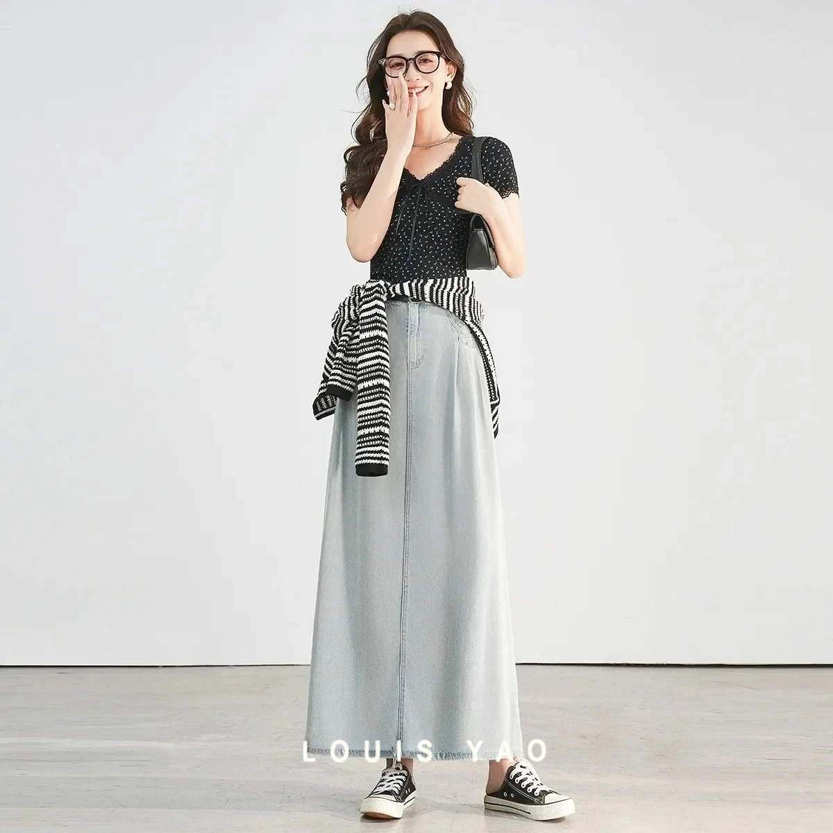 

Denim Skirt Fashionable High Waist Pleated Washed Denim Long Skirt Lyocell Fabric Half Length Dress Female Clothing Spring 2025