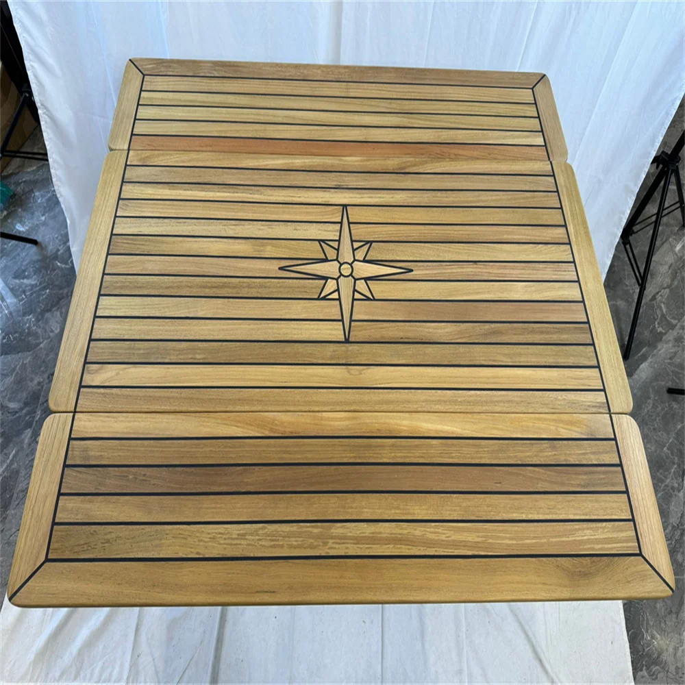 Folding Wings Teak Table Top 450/900x1000mm,17.7/35.4x39.4 Inch Rectangular Star Inlay Marine Yacht RV TW45100