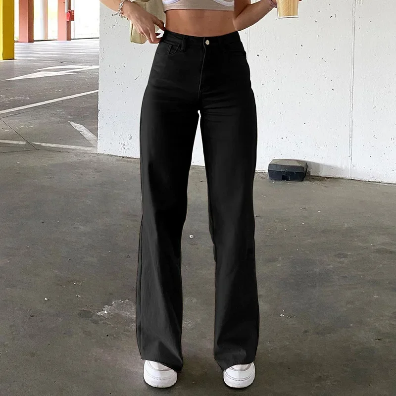 Women Jeans Straight Pants Solid Zipper High Waist Denim Ankle Length Loose Pockets Slight Strech Spring 2025 Streetwear