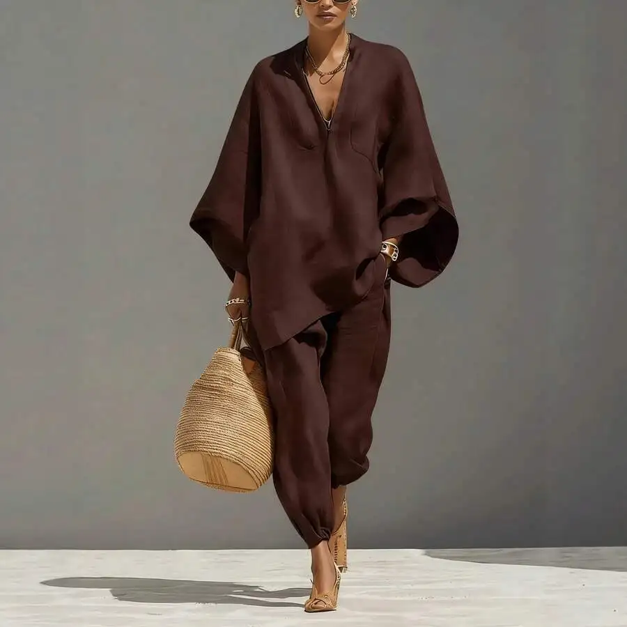 

Womens Casual Brown Linen Blend Oversized Batwing Sleeve V Neck Tunic Top And Drawstring Jogger Pants Two Piece Set