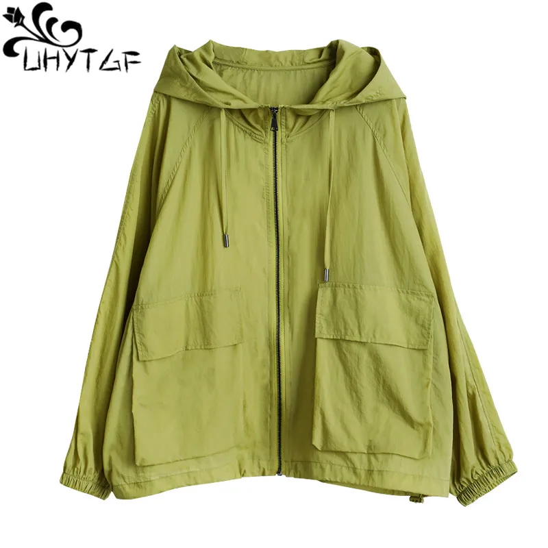 

UHYTGF New Womens Sun Protection Clothing Anti-UV Breathable Outdoor Summer Coat Female Long Sleeve Hooded Thin Tops Jacket 2067