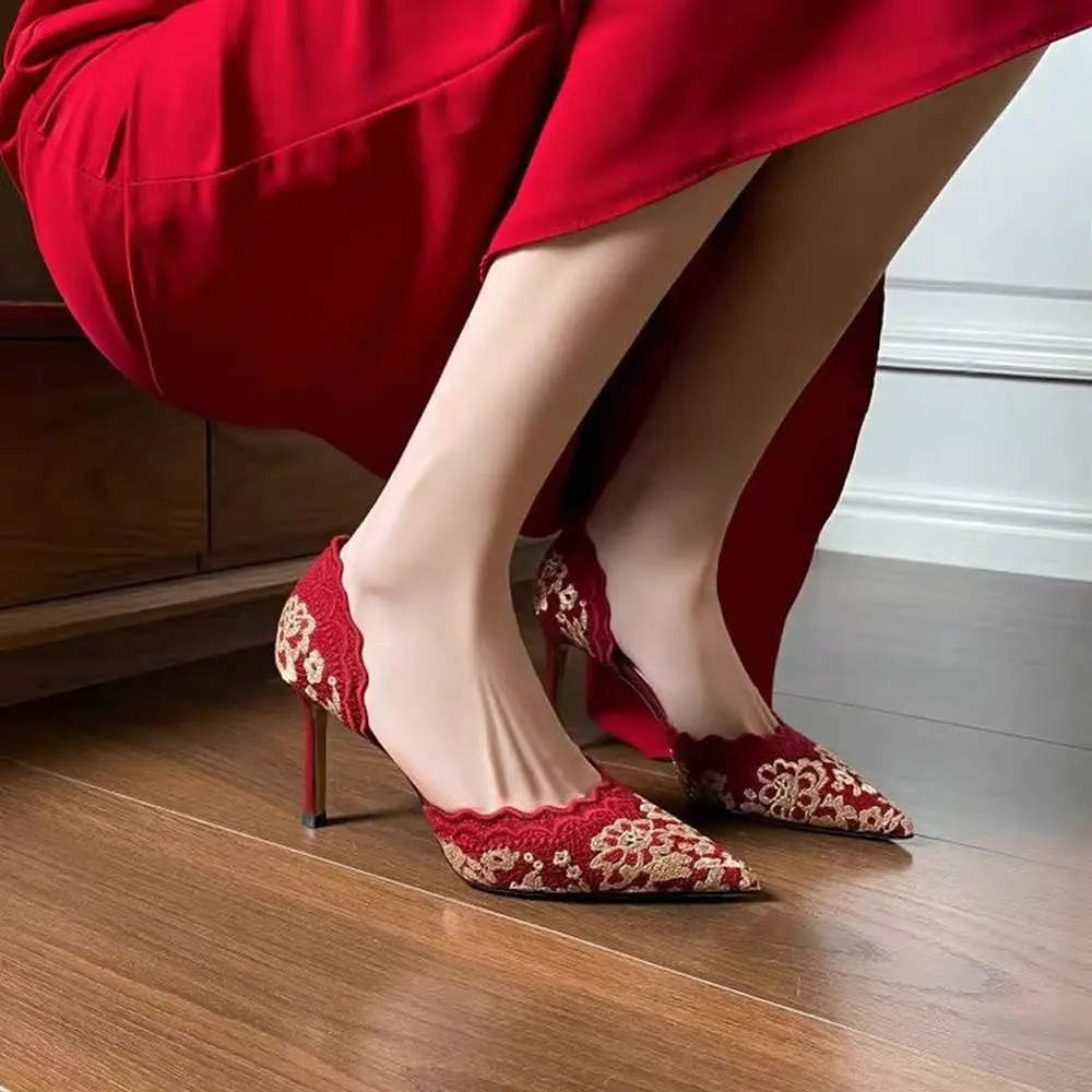 

Super High-heeled Single Shoes Autumn New Pointed Toe Shallow Mouth Slip-on Embroidered Fabric Non-slip Stiletto Shoes