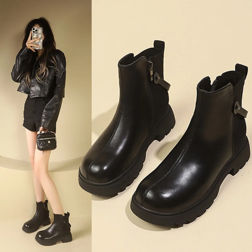 

Autumn Winter Women Platform Ankle Boots Handmade Genuine Leather Thick High Heel British Style Non-Slip Short Boots