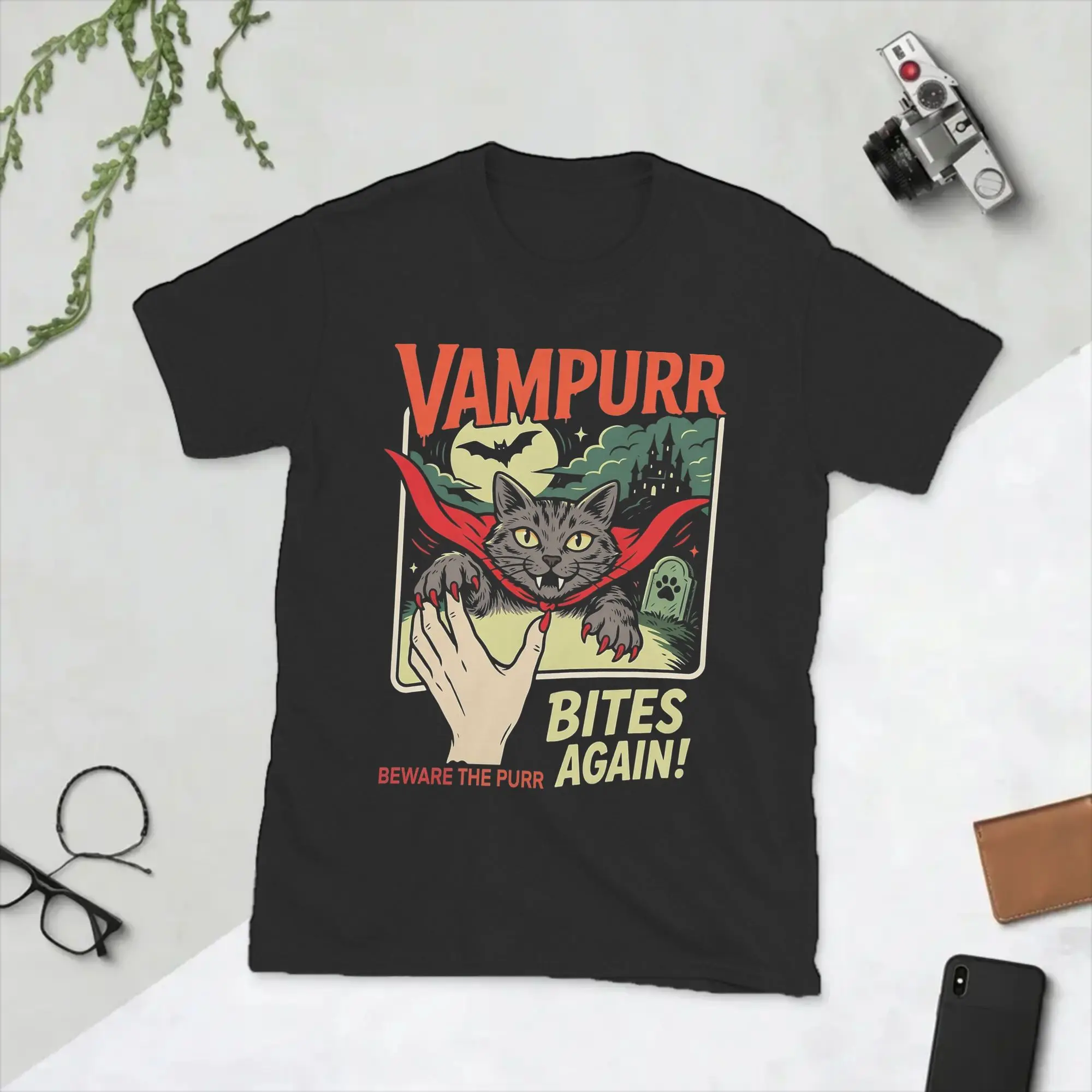 Men's Vampurr Bites Again Halloween Vampire Cat T Shirt  Pure Cotton Tops Leisure Short Sleeve Crew Neck Tee Shirt Party T-Shirt