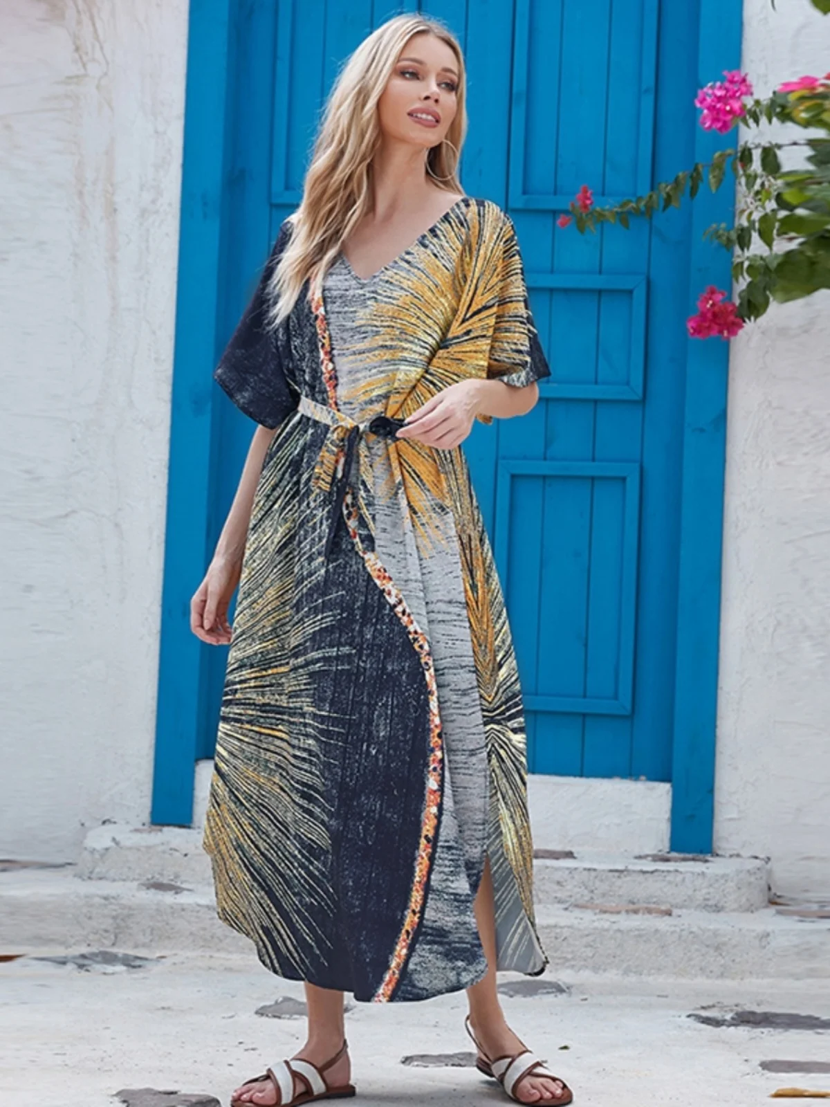 Printed Oil Painting Dress Sanya Thailand Seaside Holiday Artistic Atmosphere Long Belt Robe