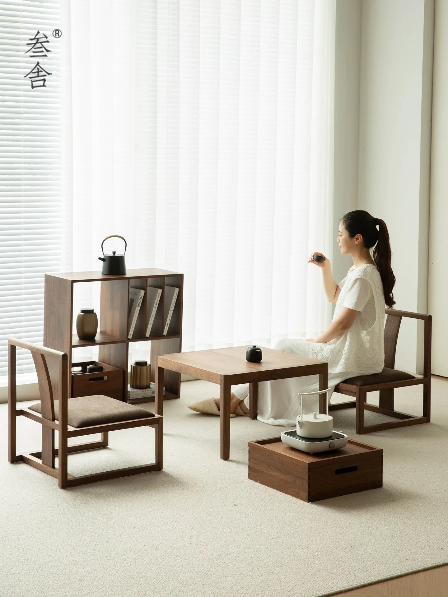 CX balcony bay window square low tea table, solid wood small Song-style aesthetic tea table
