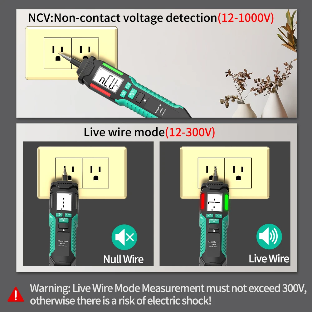 MASTFUYI 18DF Portable Non-Contact Voltage Tester 12-300V 3-in-1 Temp/Humidity Meter Home Industrial Safety Tool with LED Alarm