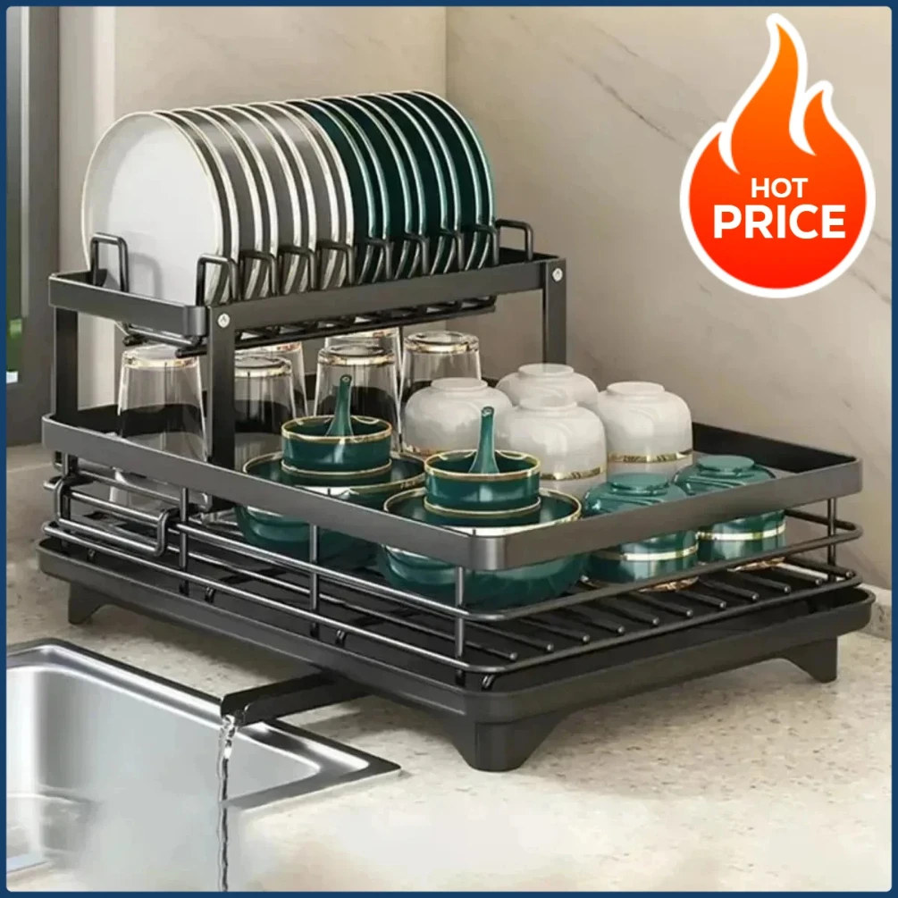 

Bowl Rack - 2 Tier Dish Drainer Storage Adjustable Space Saving Kitchen Utensil Organizer for Plates Cups Cutlery