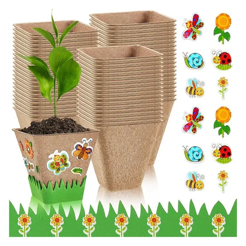 A33R-50 Set Garden Paper Pot Craft Kit,50Pcs Paper Mache Pots Peat Plant Pots With 20Set Foam Stickers & 50Pcs Pots Labels
