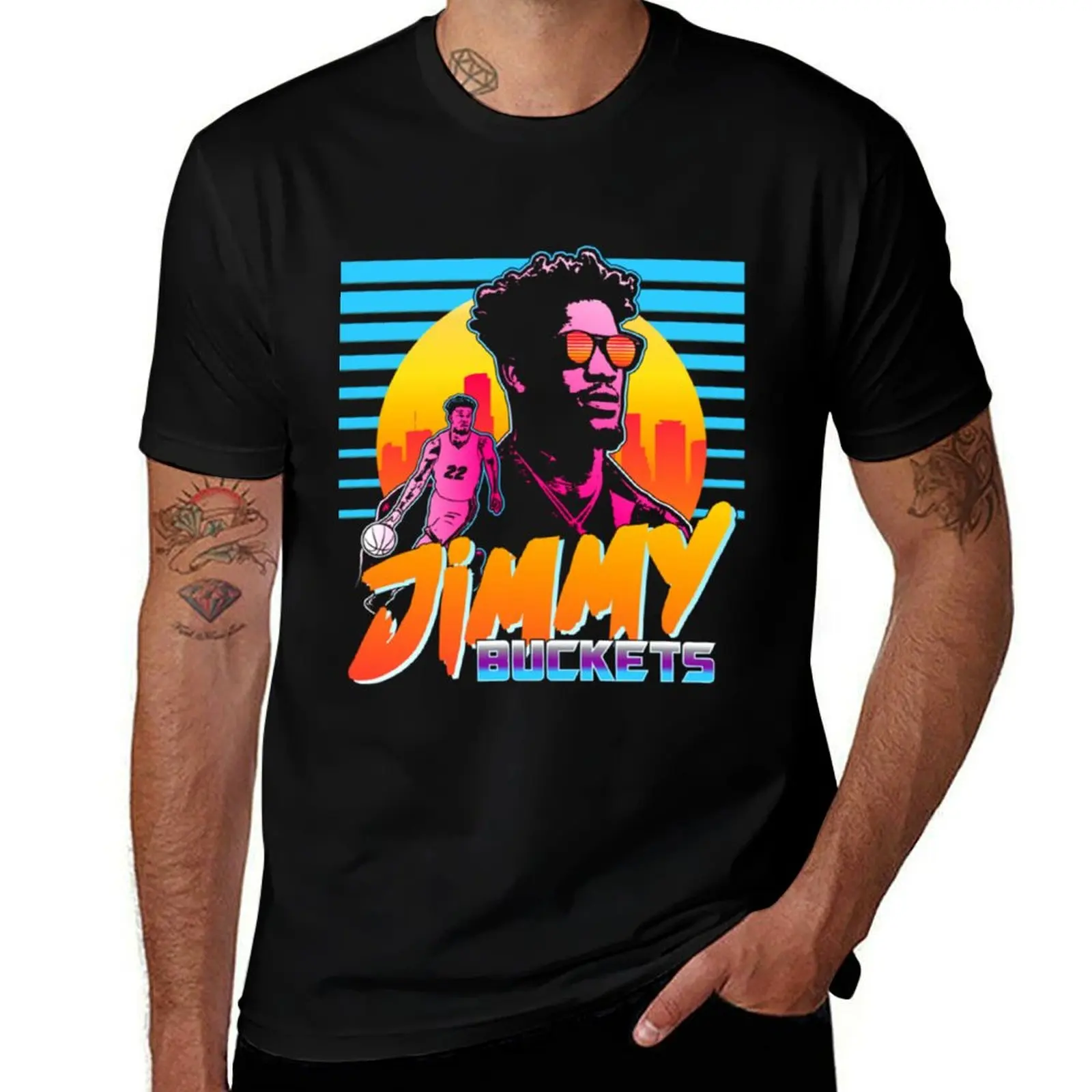 Jimmy Buckets Miami Outrun Style Graphic T-Shirt Sweat Resistant Workout Tee Shirt T-Shirt