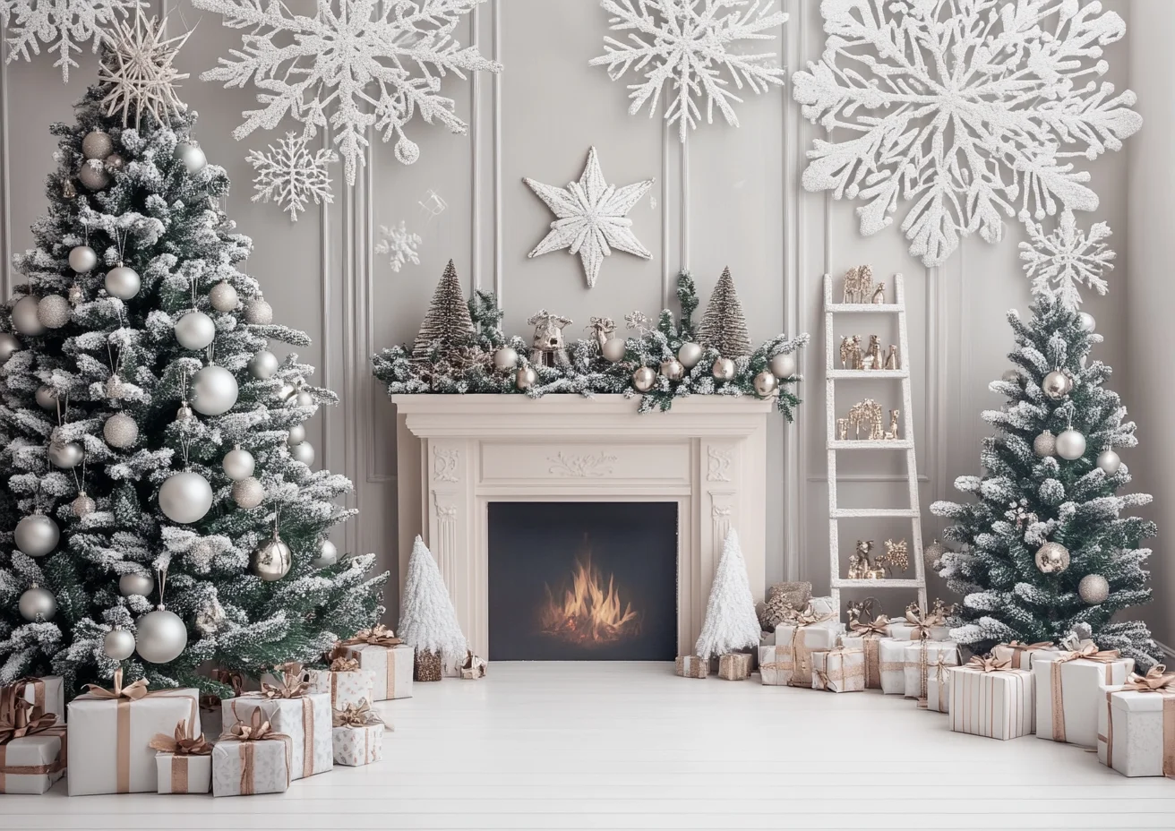Christmas Fireplace Background Gold Xmas Star Decor Pine Tree Gift White Backdrop Kids Birthday Photo Wooden Room Booth