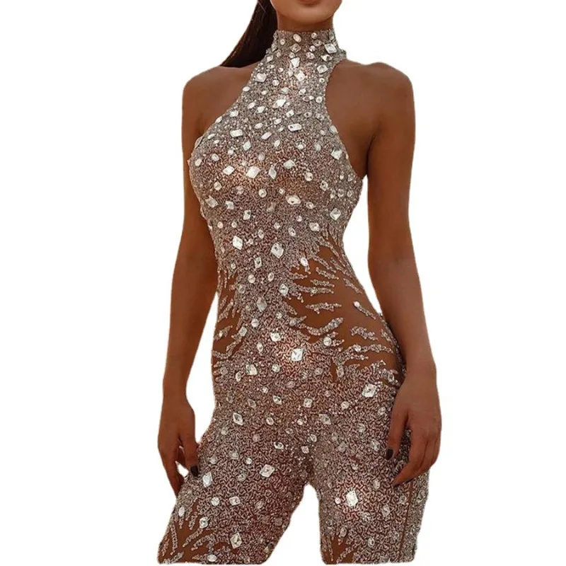 2025 Winter Women Gold Speckled Sleeveless Jumpsuit Long Pant Romper Sexy Elegant One Piece Outfit for Party Night Out Occasion