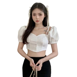 Summer Slim Square Collar Lacing Blouse For Women Solid Color Sweet Puff Short Sleeve Sexy Casual Versatile Crop Top