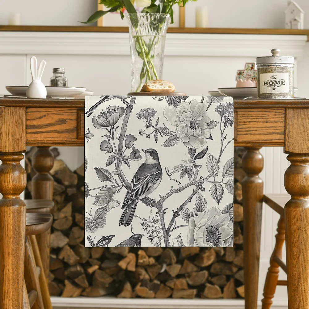 Vintage Hand-painted Flowers and Birds Table Runner Kitchen Table Decor Farmhouse Dining Table Runners Wedding Party Decorations