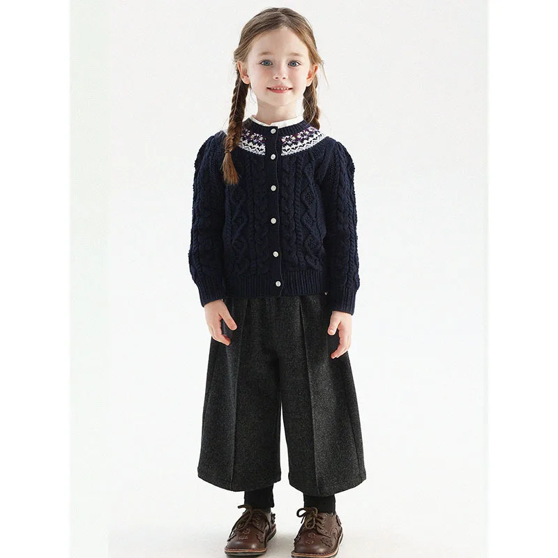UNITIM Vintage Winter Children Girls Coats 2-10Yrs Kids Girls Fair Isle Sweater Nordic Jacquard Knit Cardigan Girls Warm Jumper