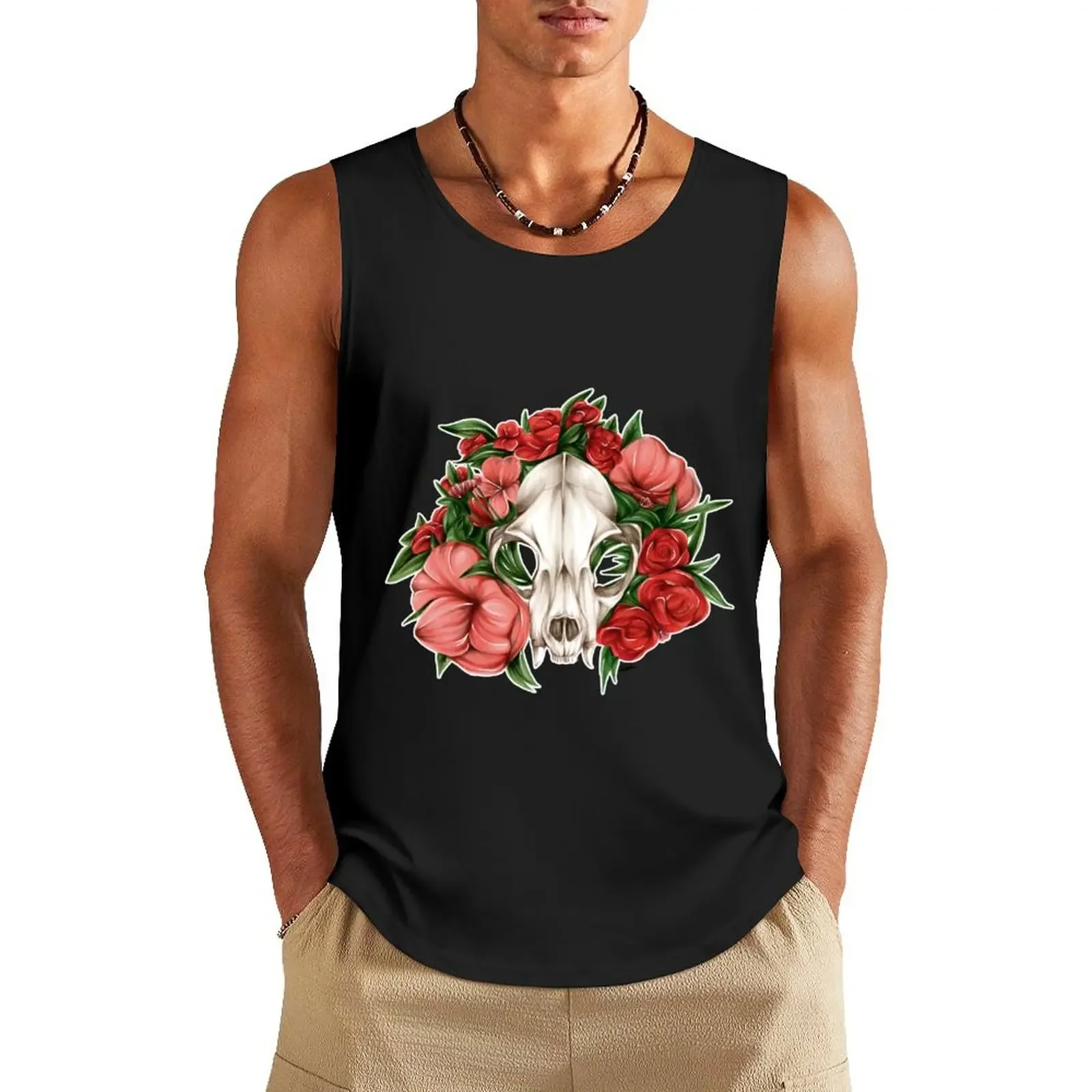 

Bobcat Skull with Flowers Tank Top gym shirt men sleeveless shirts Men's gym articles Men gym sportswear