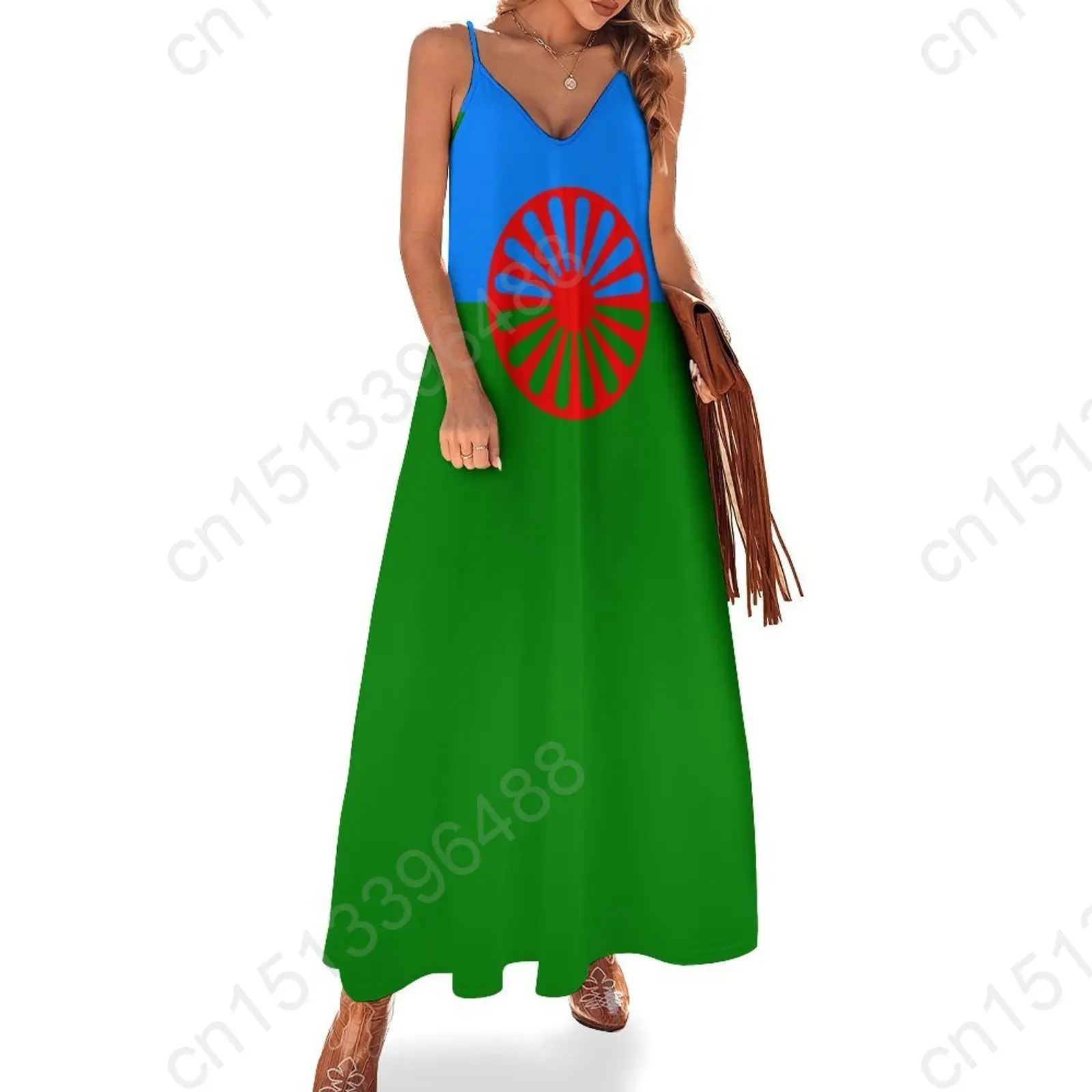 Gypsy Flag Print New Casual Sleeveless Long Dress Women's V-Neck Printed Dress Swing Retro Dresses