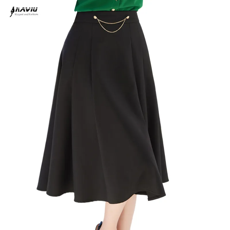 

NAVIU Vintage A Line High Waist Zipper Solid Color Midi Skirts For Women New Spring CHAIN Loose Skirt Office Lady Casual Skirts