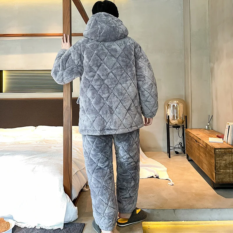 Winter New 3 Layers Hooded Coral Velvet Quilted Pajamas Set Casual Men Sleepwear Nightwear Thick Male Flannel Warm Home Wear