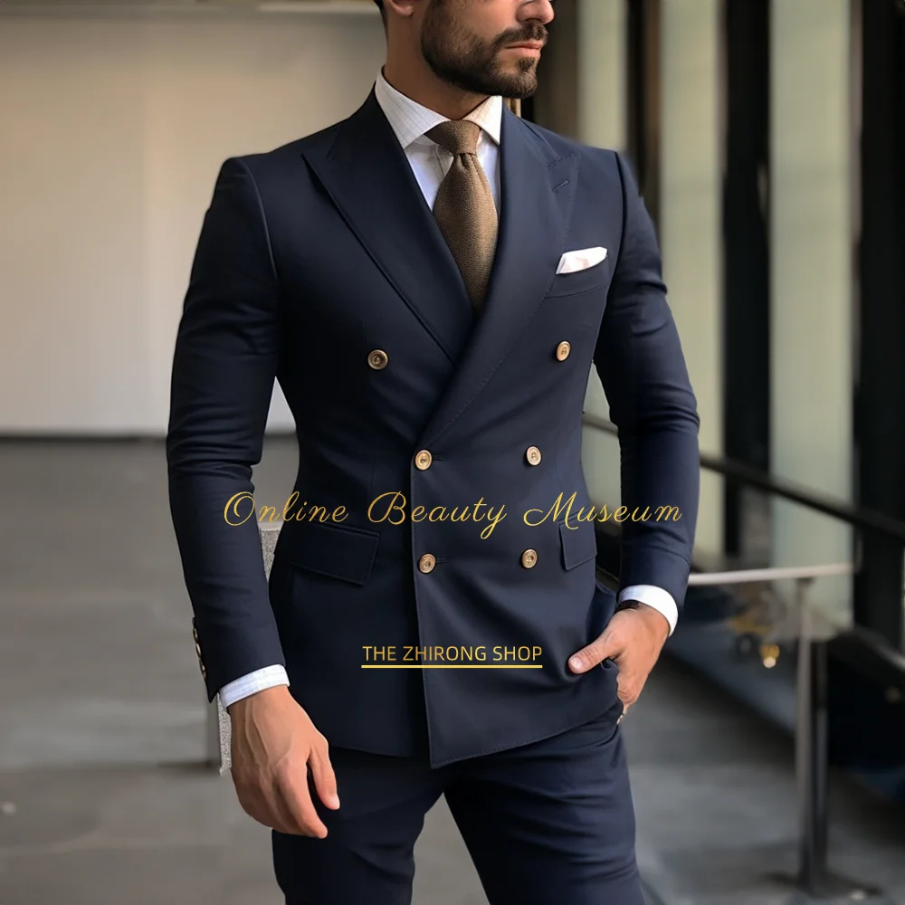 Men's Peak Lapel Navy Blue  2-piece Suit (jacket + trousers), Elegant Groom Wear Suit，Premium Wedding or Party Suit，Tailored Fit