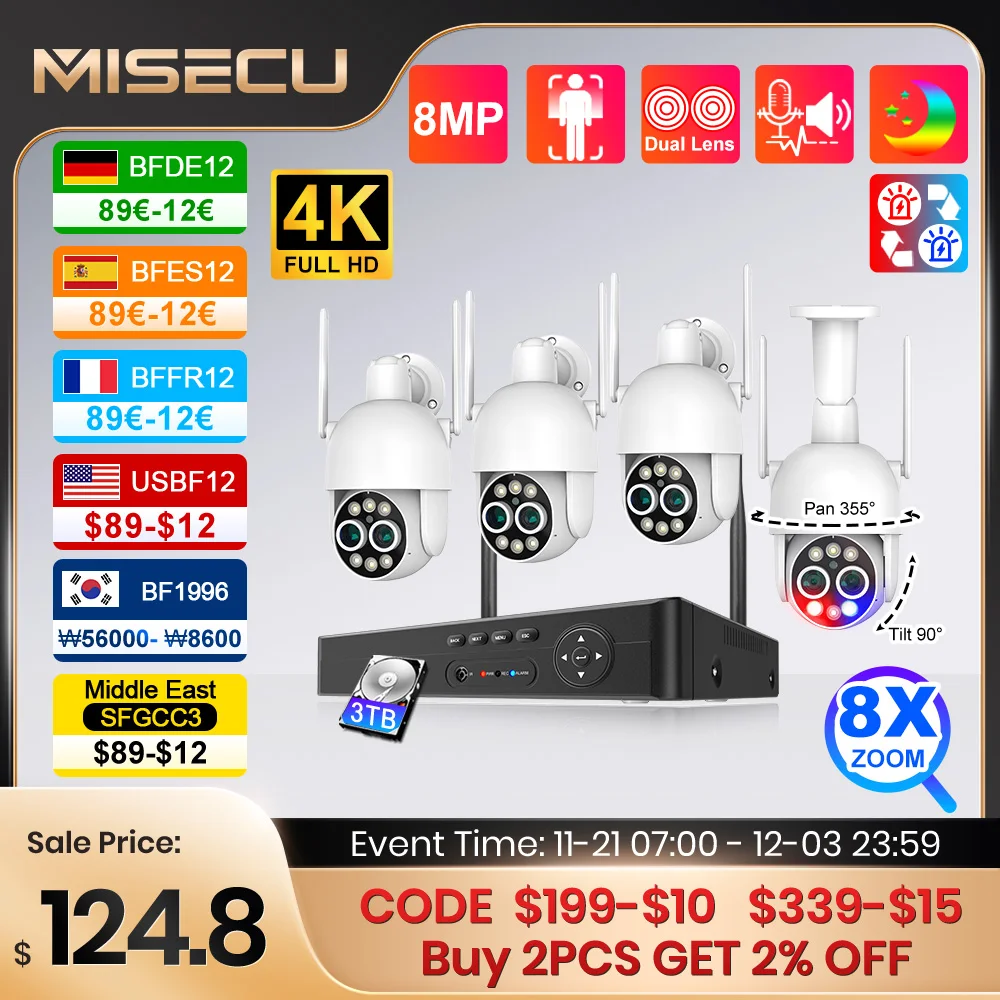 MISECU 8CH UHD 4K PTZ Wireless Security System 8MP Dual Lens WIFI Camera 8X Zoom CCTV Record Surveillance Protection Kit ONVIF