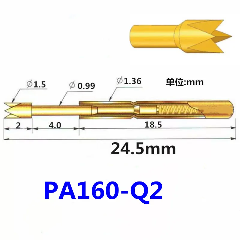 

100PCS/Pack Gold-Plated PA160-Q2 Four Claw Plum Blossom Head Spring Test Pin Outer Diameter 1.36mm Length 24.5mm PCB Pogo Pin