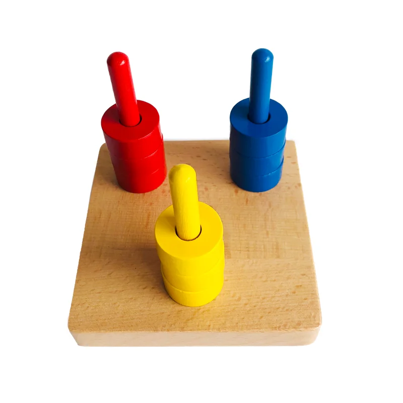 ألعاب تعليمية مونتيسوري أقراص ملونة على 3 مسامير ملونة لفرز الخشب وتعشيش لعبة التراص نشاط التنسيق بين اليد والعين