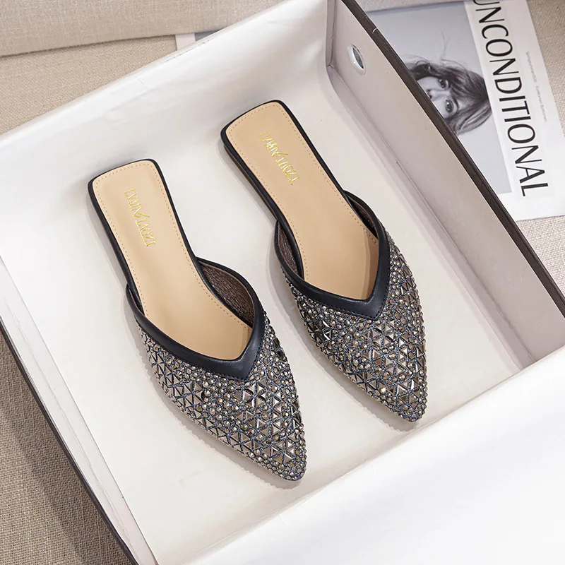 2023 New Summer Female Mules Sandals Rhinestones Half Slippers Outside Wear Large Size 41-43