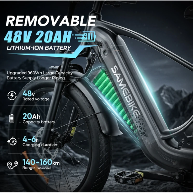 E-Bike for Adults,SAMEBIKE STORM  1800W Motor, 48V 20Ah Removable Lithium Battery, 31MPH Max Speed，26 inch Fat Tire Full Suspension Electric Mountain Bike Hydraulic Disc Brakes, Long Range Off-Road Beach Snow Bicycle。 image 6