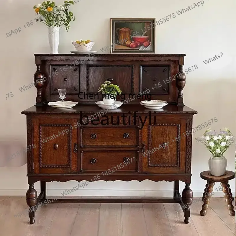 

French medieval solid wood dining side locker living room wall partition wine cabinet display cabinet6220