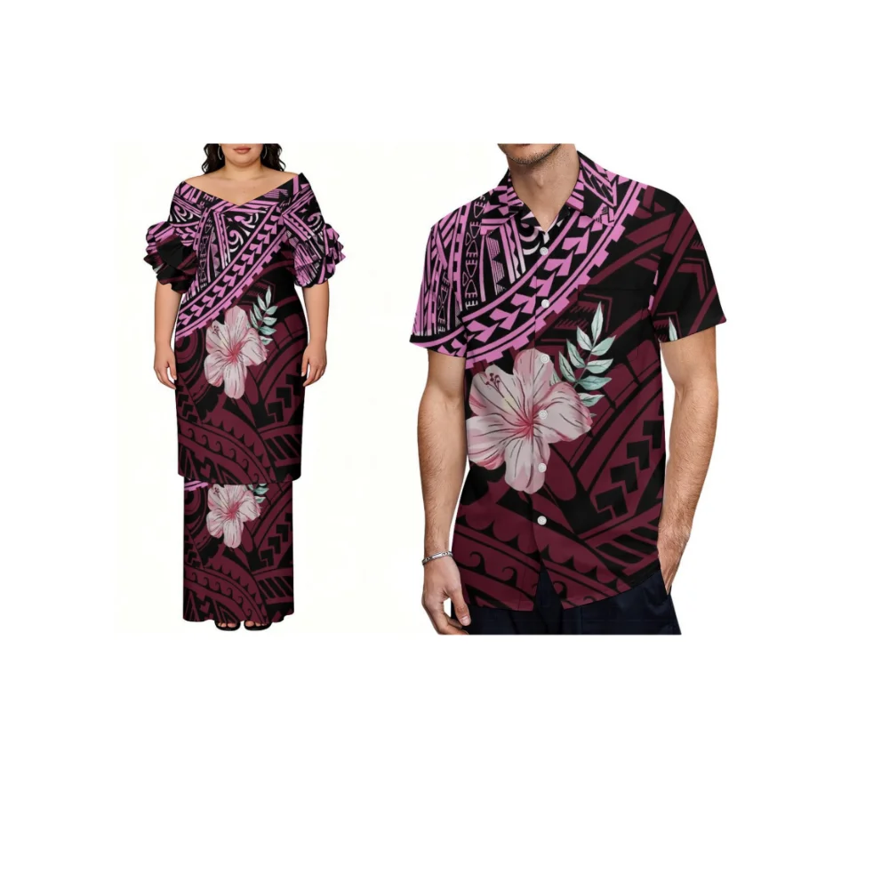 Vestido longo com estampa 3D de alta definição, vestido polinésio de gola alta para mulheres, camisa masculina de praia de manga curta.