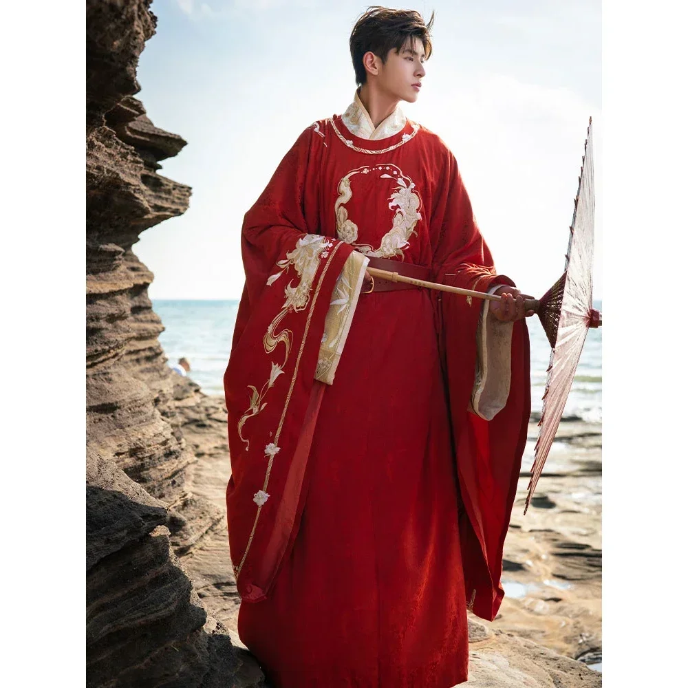 ShiSanYu Chinese Traditional Han Dynasty Hanfu Men Song Round Collar Robe Shirt Leather Belt Song Dynasty Men's Wedding Clothing