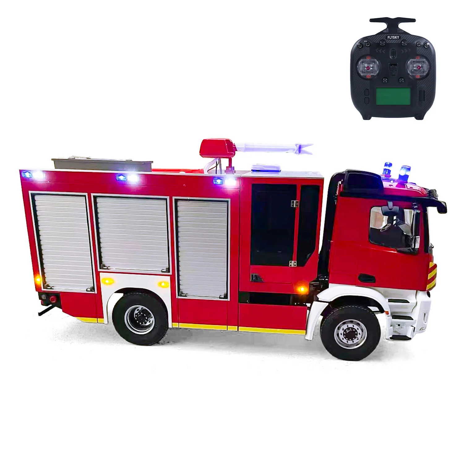 

1/14 4*4 Remote Control Fire Fighting Truck Assembled 2Speed Gearbox Light Sound System Metal Axles Flysky ST8 Radio Vehicle Toy