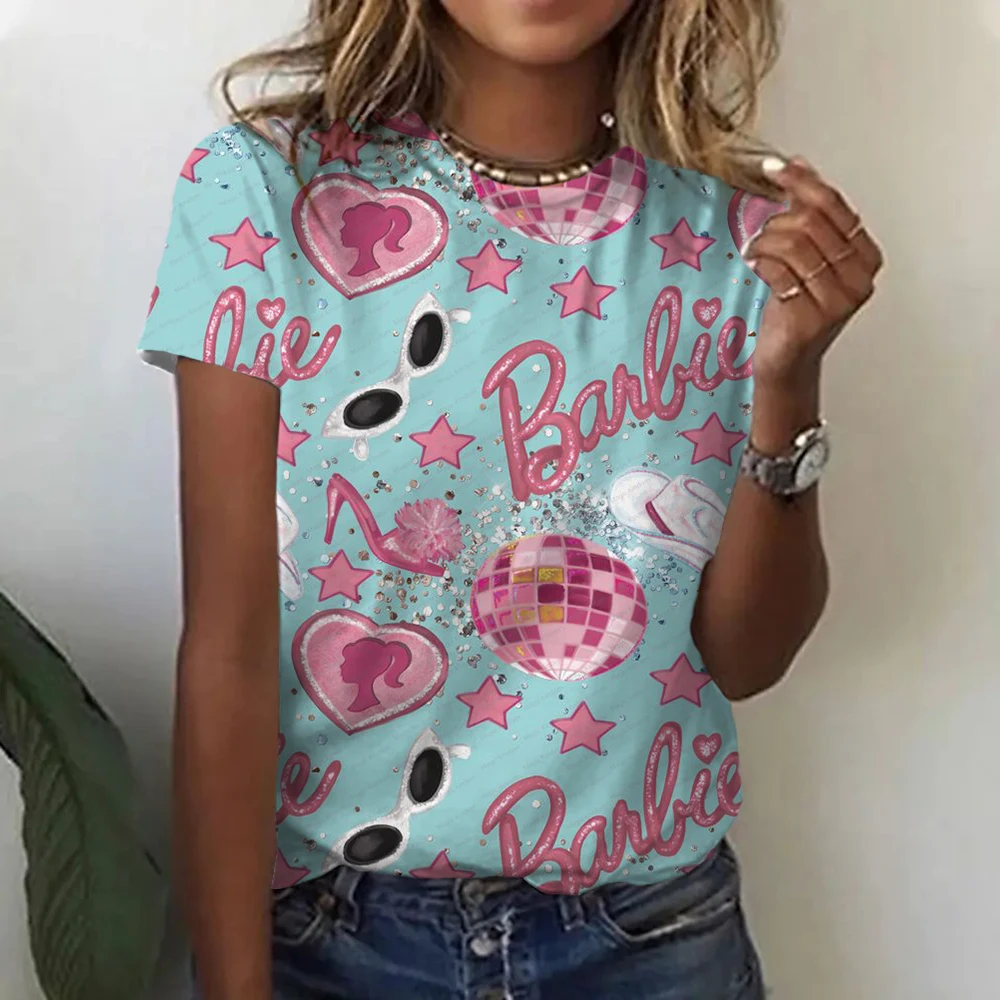 2024 Nieuwe Dames T-Shirt Met Korte Mouwen Barbie Cartoon Lente En Zomer Casual Ronde Hals Bedrukt Ademende T-Shirts Tops Cadeau