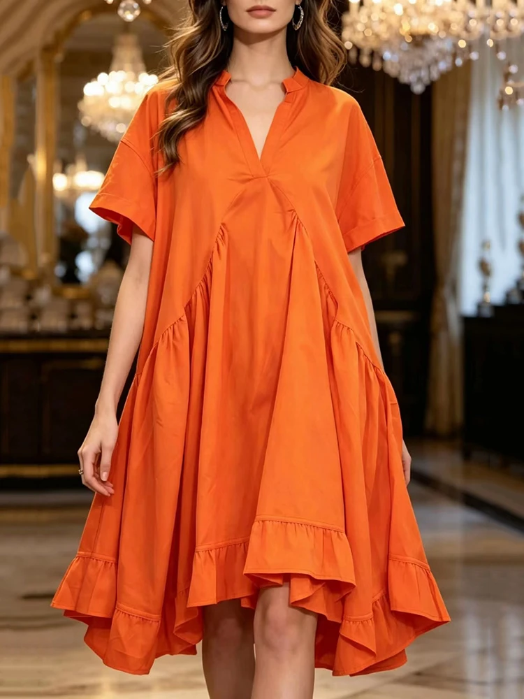 2026 Summer Women's Clothing Retro Solid Color V-neck Pullover Large Size Dress Fashion Pleated Hem Loose A-Line Puff Skirt