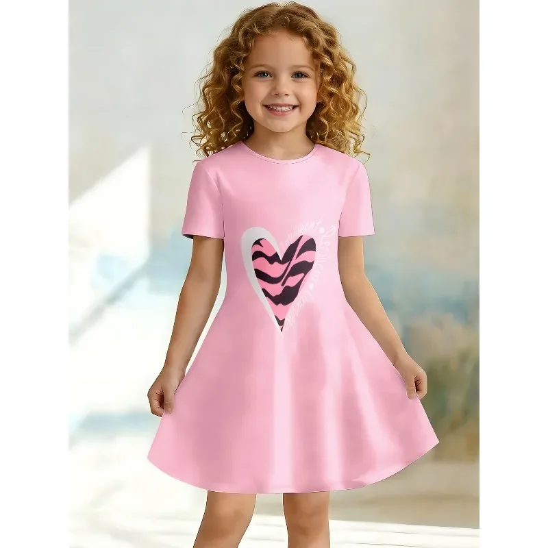 3D-Kleid mit süßem Aufdruck für junge Mädchen, kurzärmeliges A-Linien-Kleid mit Rundhalsausschnitt für Kinderpartys, geeignet für Geburtstagsgeschenke – Detail 3