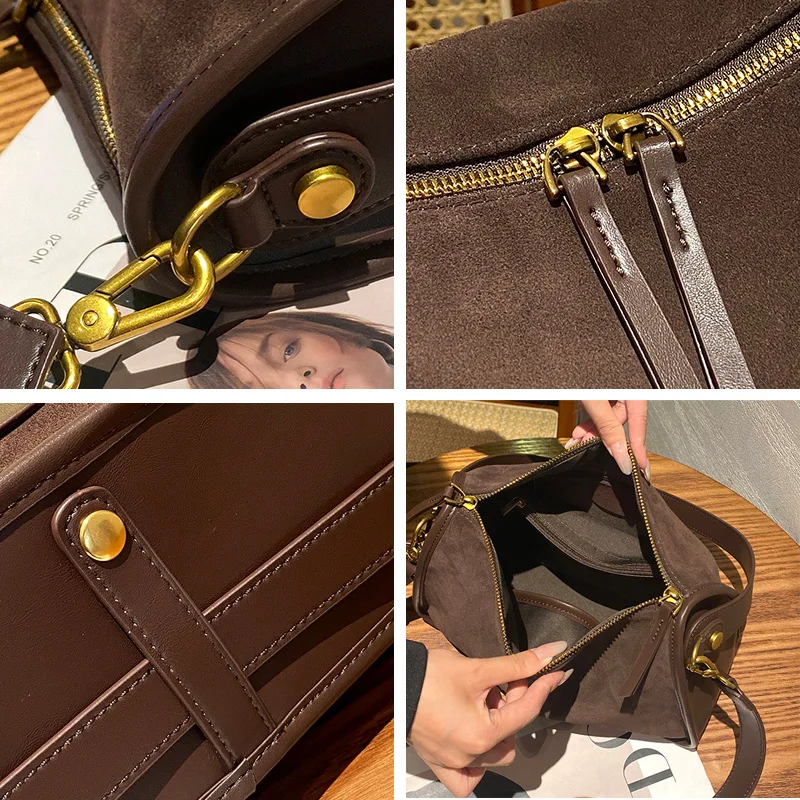 Bolso de mano de piel de vaca esmerilada de invierno para mujer: hombro/bandolera retro de gran capacidad para ir al trabajo, bolso de trabajo con acabado mate de primera calidad