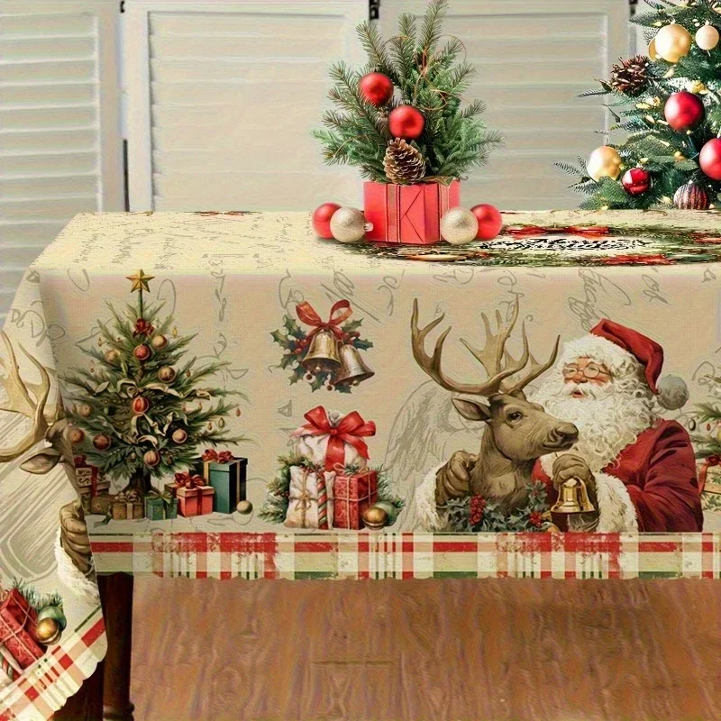 One vintage Christmas tablecloth with patterns of Santa Claus, reindeer and bellszyc
