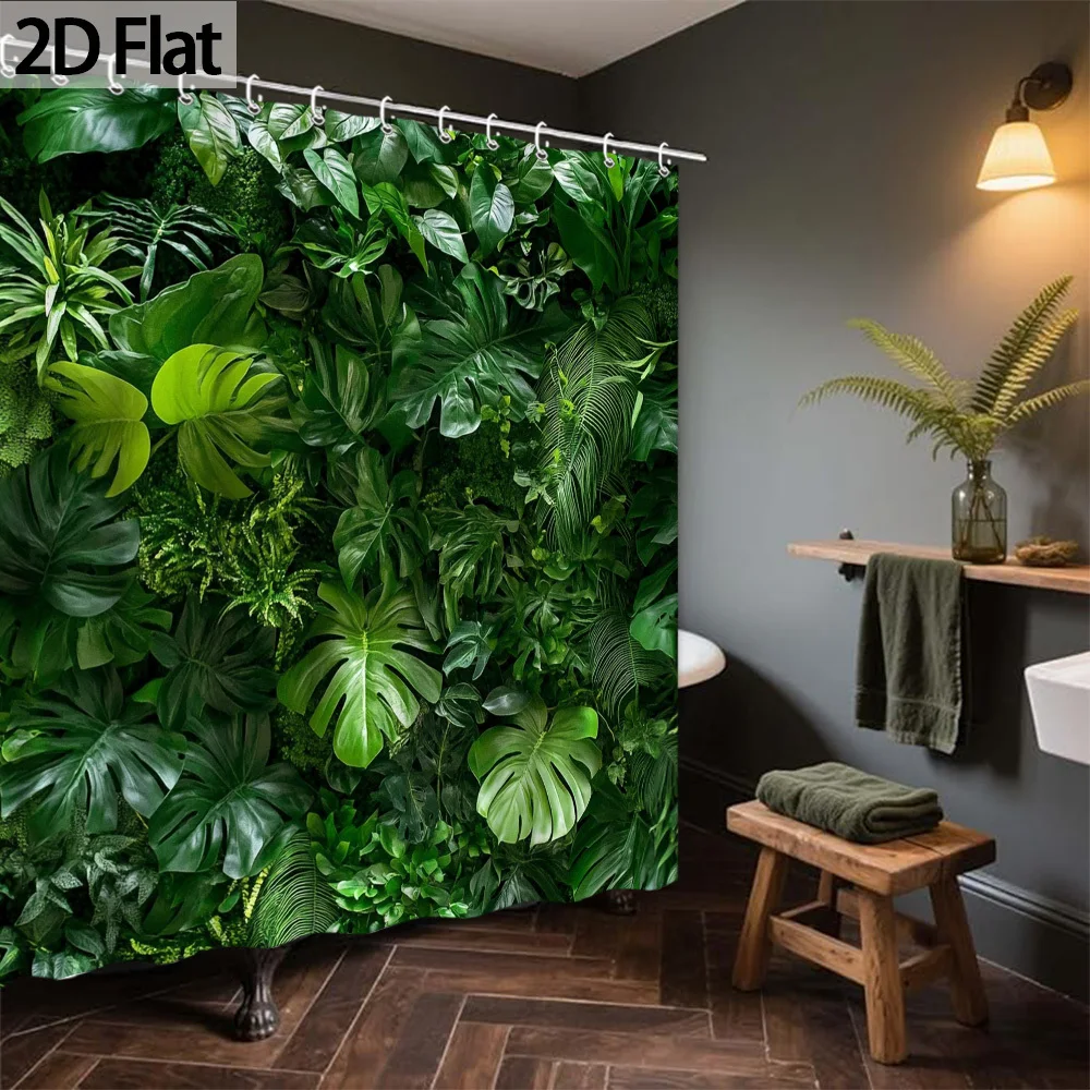 Tropical Rainforest Shower Curtain, Lush Green Monstera Palm Leaf Print, Jungle Botanical Bathroom Decor, Waterproof Polyester