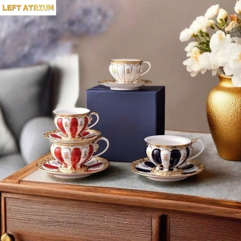 Luxury Porcelain European Palace Style Gilded Heavy Duty Coffee Cup And Saucer Single Set Gift Box For Birthday Present