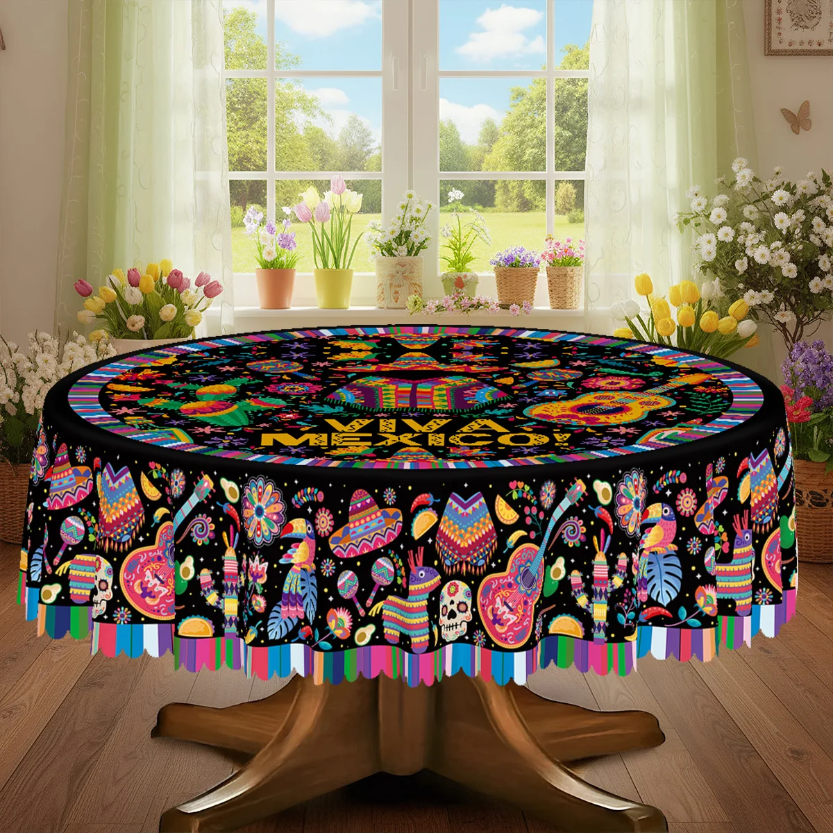 One Mexican-style Day of the Dead themed tablecloth, featuring colorful straw hats, guitars and skulls.zyc