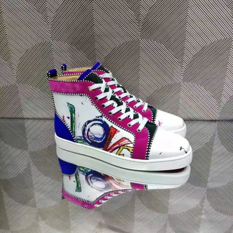 Luxury Men's Rivets Heels High Top White Love Graffiti Leather Red Bottom Sneakers Casual Boat Shoes Fashion Party Footwear
