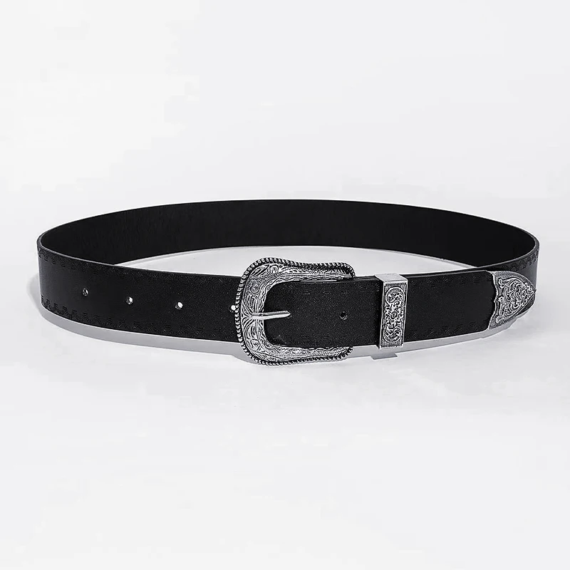 Western Engraved Buckle Belt Black Vintage Embossed Unisex Waistband Cowboy Style Decorative Accessory