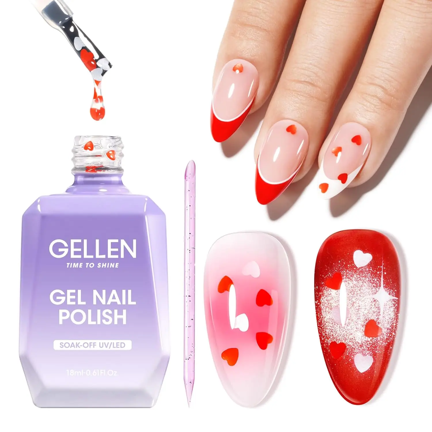

GELLEN 18ML Pink & Red Heart Shape Gel Nail Polish Clear Glitter Manicure Soak Off UV Nails Polish with Stick DIY Valenting Gift