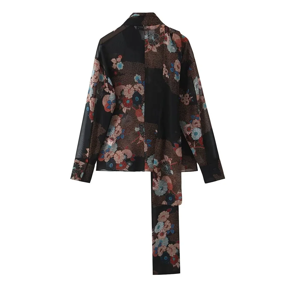 BMURHMZA Autumn New Women's Fashion Style Ribbon Decoration Round Neck Long Sleeve Flower Printed Shirt Top