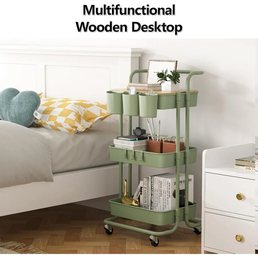 3 الطبقة عربة متحركة مع مقبض معدني سطح الطاولة أكواب معلقة السنانير سلات تخزين بلاستيكية عجلات قابلة للقفل عربة المرافق للخفافيش